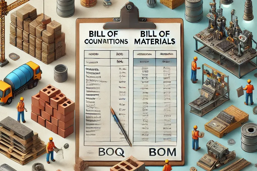 Comparison between Bill of Materials (BOM) and Bill of Quantity (BOQ) explaining their roles in manufacturing and construction.